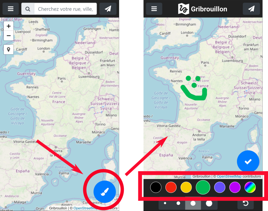 Mode navigation (à gauche) et mode dessin (à droite)